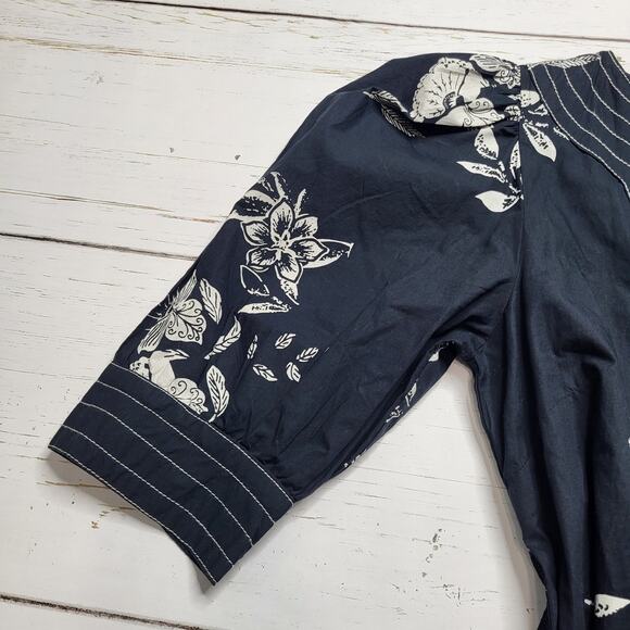 Caroline Constas Puff Sleeve V Neck Floral Dress Black White Tie Waist Small - Picture 4 of 10